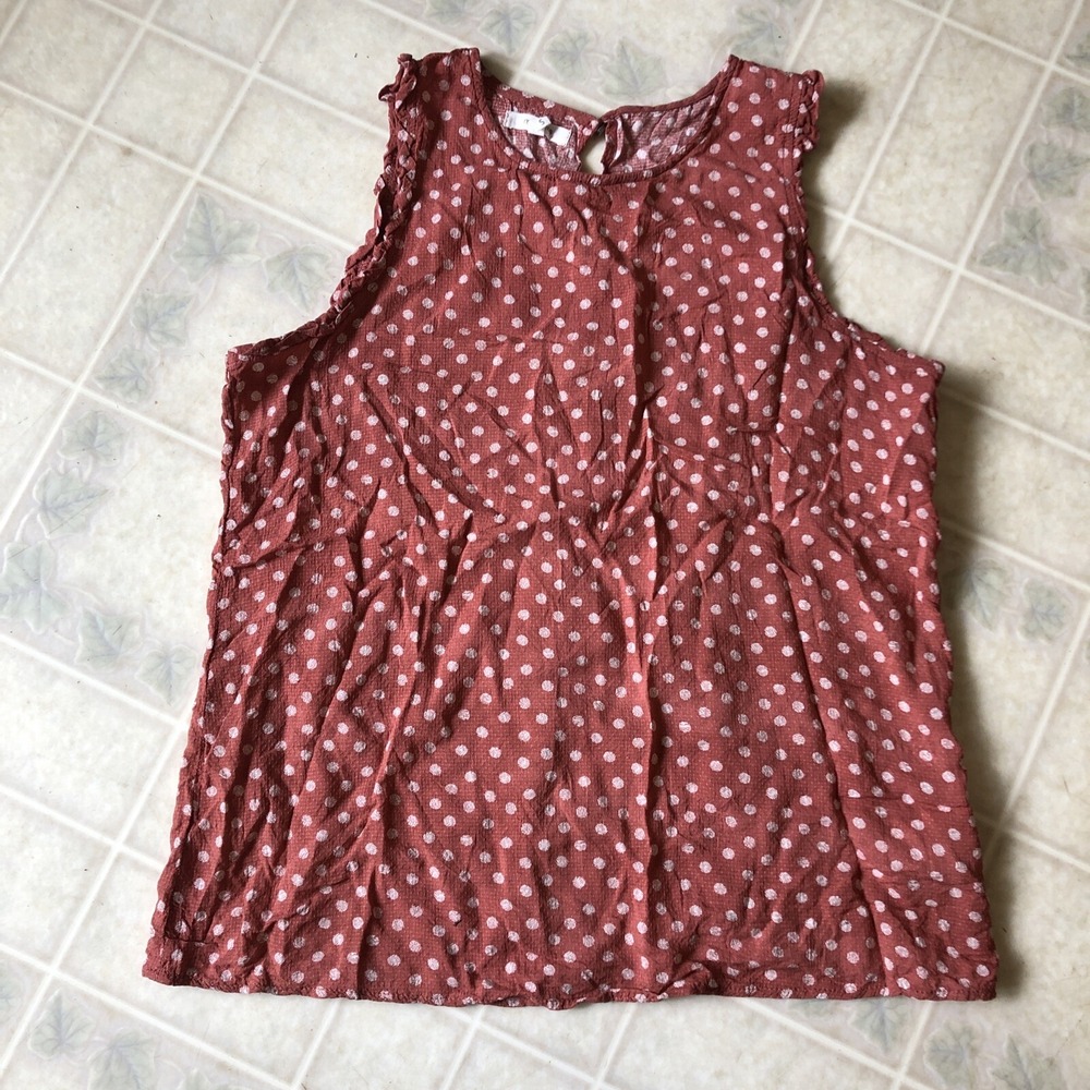 Maurices Clay Polka Dot Sleeveless Tank top Sz Small‎ Ruffled  Arms